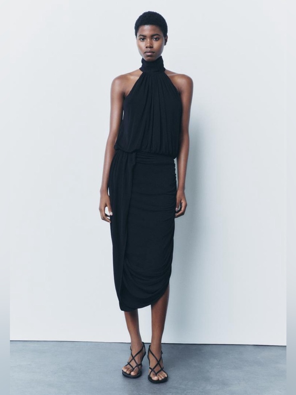 NWOT Zara Black Halter Draped Midi Dress